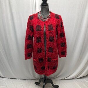 A Moon Cardigan Womens Size Large Red Black Fuzzy Open Front Pockets Sweater